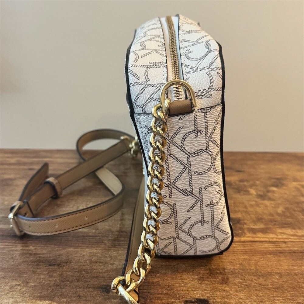 Calvin Klein Hailey Signature Logo Crossbody Bag Womens Small Ivory/Taupe - Picture 3 of 9